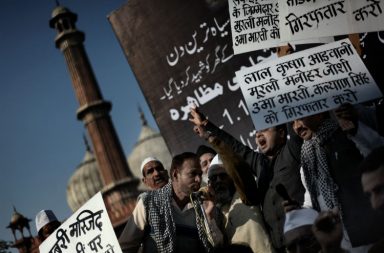 Muslims raise slogans infront of the Jama Masjid in Old Delhi