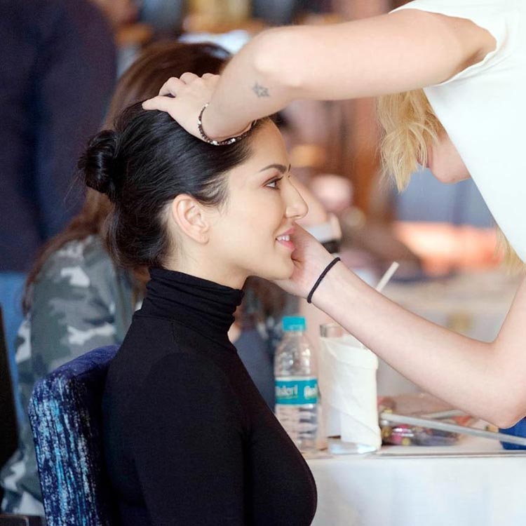 Sunny Leone getting measured for Madame Tussauds. Delhi