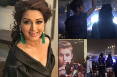 Sonali Bendre with her son at the Justin Bieber Mumbai concert