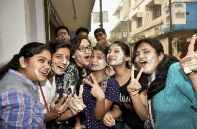 Students celebrate their success after declaration of CBSE results