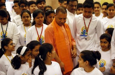Uttar Pradesh Chief Minister Yogi Adityanath interacting with children